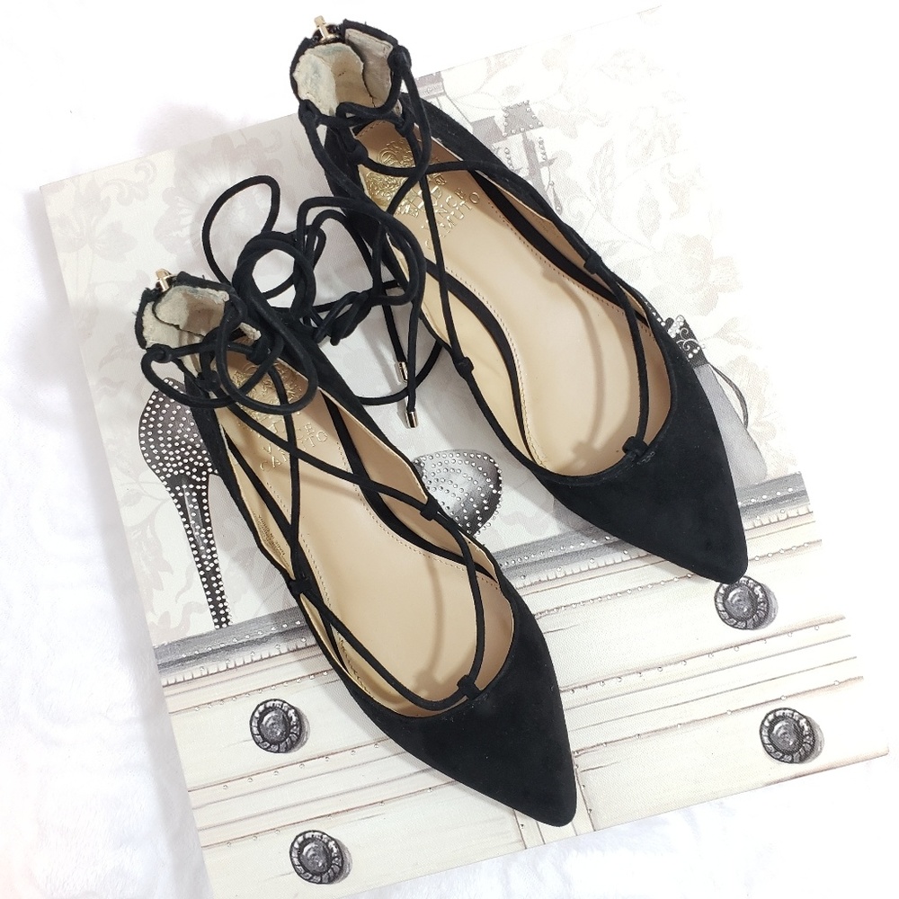 Vince Camuto Leather Pointed Lace Up Flats - Picture 2 of 8